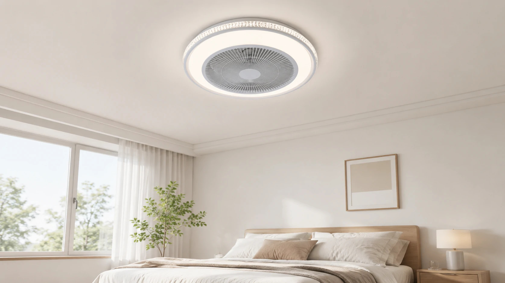 LED ceiling fan light with hidden blade structure for safer bedroom airflow and lighting