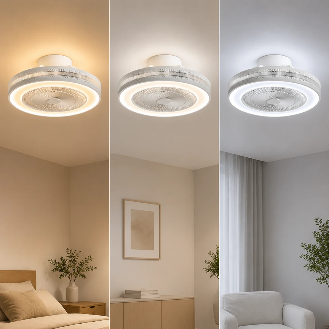20 inch white ceiling fan with light flush mount design showing silent DC motor operation in modern bedroom sleep environment