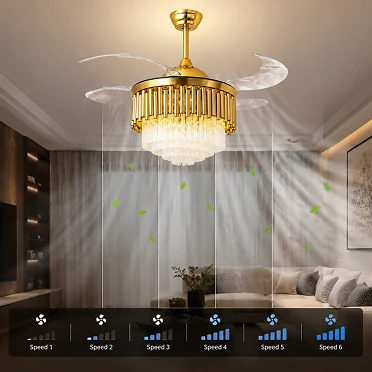 Six speed airflow control feature of a 36 inch crystal ceiling fan for comfortable indoor cooling