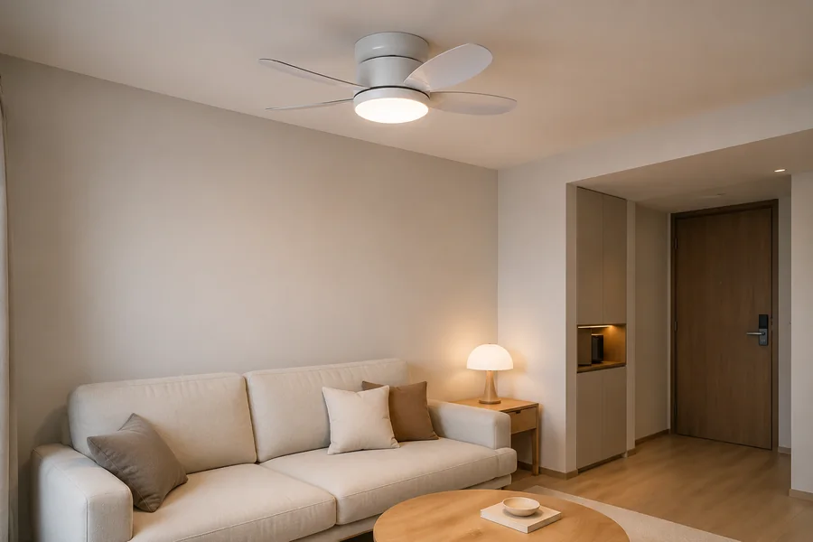Slim flush mount ceiling fan light for an apartment room