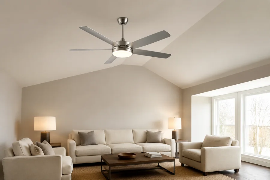 Ceiling fan installed on a sloped vaulted ceiling with a downrod