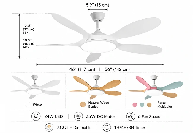 small ceiling fan with LED light specification chart showing size options 46 inch and 58 inch blade design adjustable speed and timer functions for OEM manufacturer technical reference