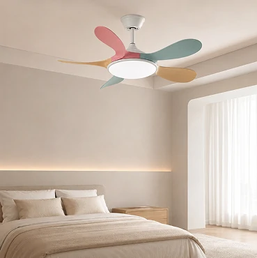 small ceiling fan with silent dc motor installed in modern kids bedroom showing quiet airflow performance for OEM residential and hospitality applications