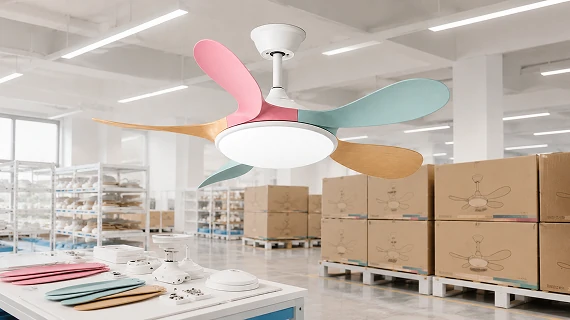 factory workshop showing small ceiling fans with LED light production and packaging for OEM wholesale supply and global distribution projects
