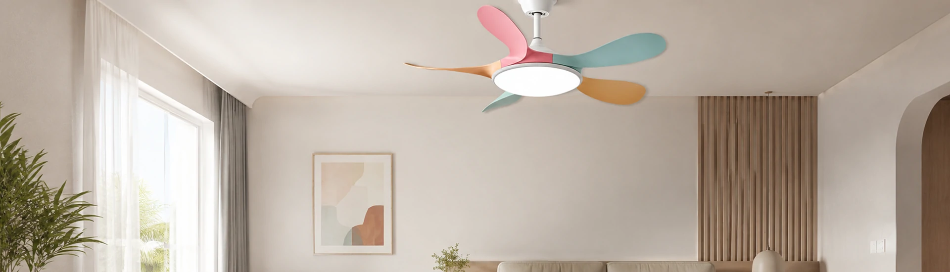 small ceiling fans with LED light installed in modern kids bedroom interior showing colorful pastel blades silent dc motor design for OEM manufacturer wholesale supply projects