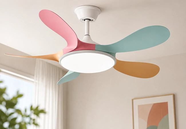 small ceiling fan with LED light and colorful pastel blades installed in modern kids bedroom showcasing quiet dc motor design for OEM manufacturer and wholesale supply projects