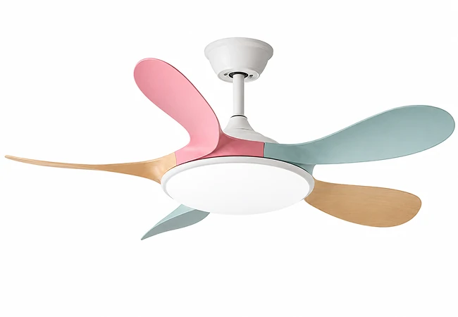 small ceiling fan with LED light modern design installed in kids bedroom showing colorful blades and silent dc motor performance for residential and OEM private label manufacturing projects