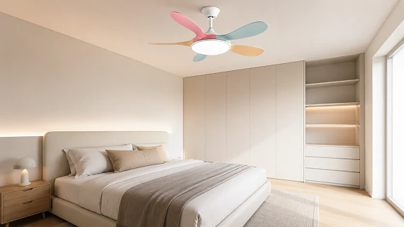 small ceiling fan with led light installed in modern bedroom showing colorful blades design for kids bedroom OEM manufacturer residential lighting solution