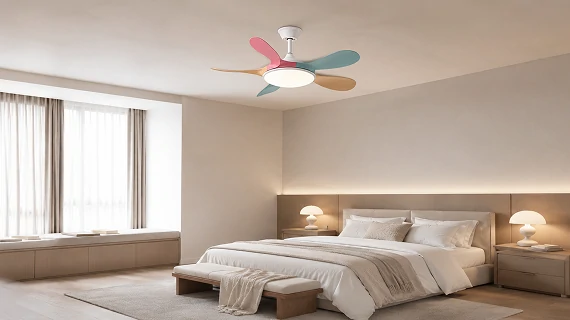 small ceiling fan with LED light operating quietly in modern bedroom showing silent dc motor comfort for kids room and residential OEM applications