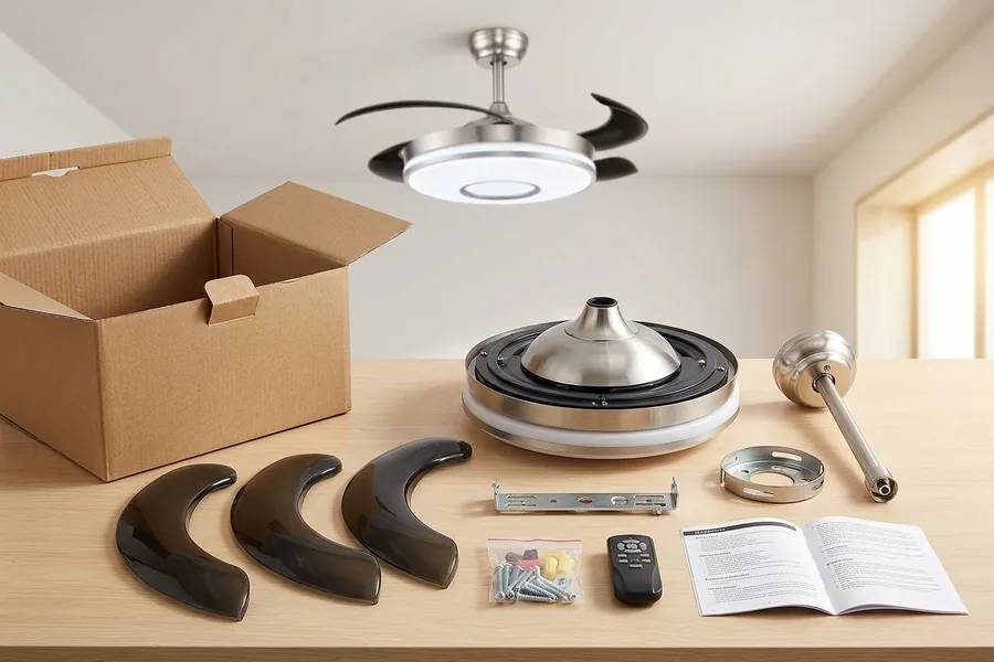 Ceiling fan parts and accessories prepared for a small room installation checklist.