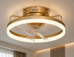 Smart ceiling fan light NE-RCFB43R installed in a modern bedroom interior for premium residential projects