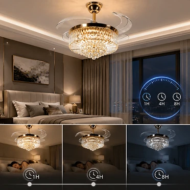 Smart timer control crystal chandelier ceiling fan for bedrooms hotels and energy management solutions