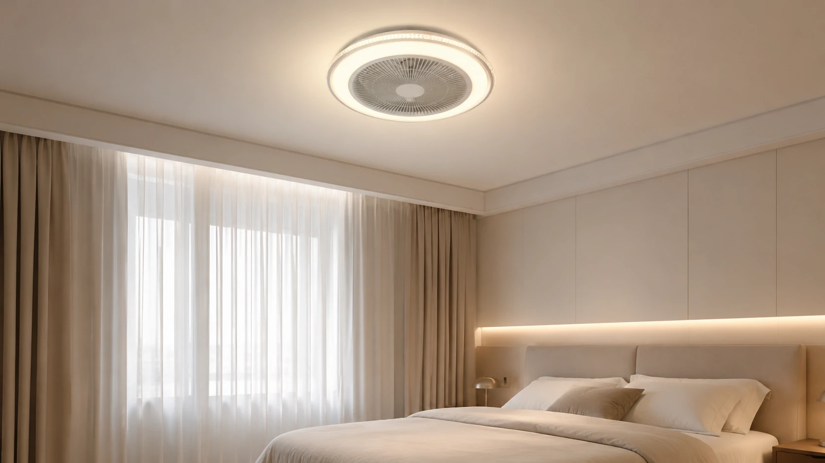 LED ceiling fan light creating soft warm lighting in a quiet modern bedroom space