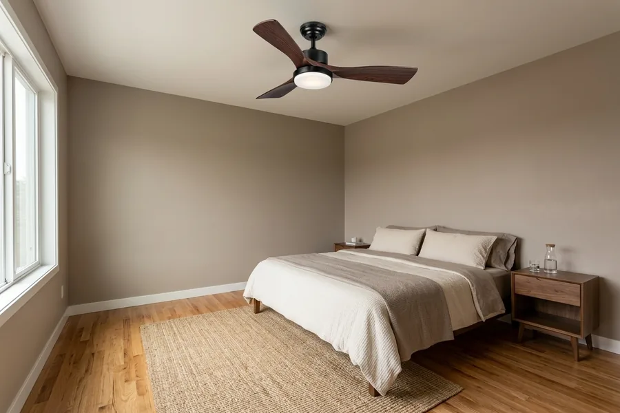 Real master bedroom layout showing ceiling fan placement above the bed