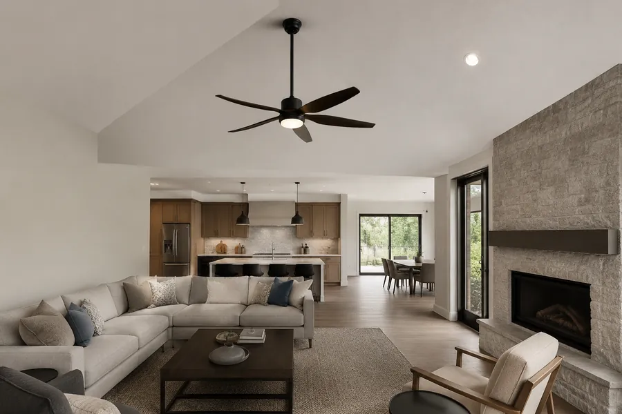 Longer downrod ceiling fan for a tall open room
