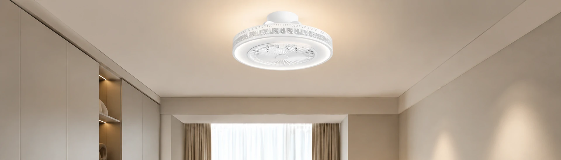20 inch white bedroom ceiling fan with light flush mount design in modern Scandinavian bedroom with soft ambient lighting and quiet airflow