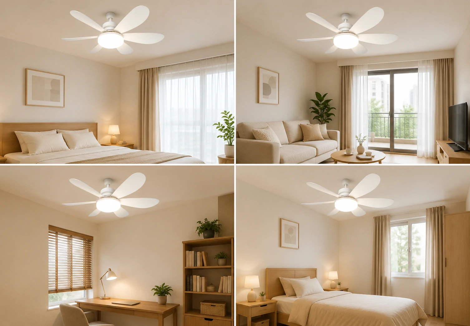 White ceiling fan with light used in bedroom living room and small spaces