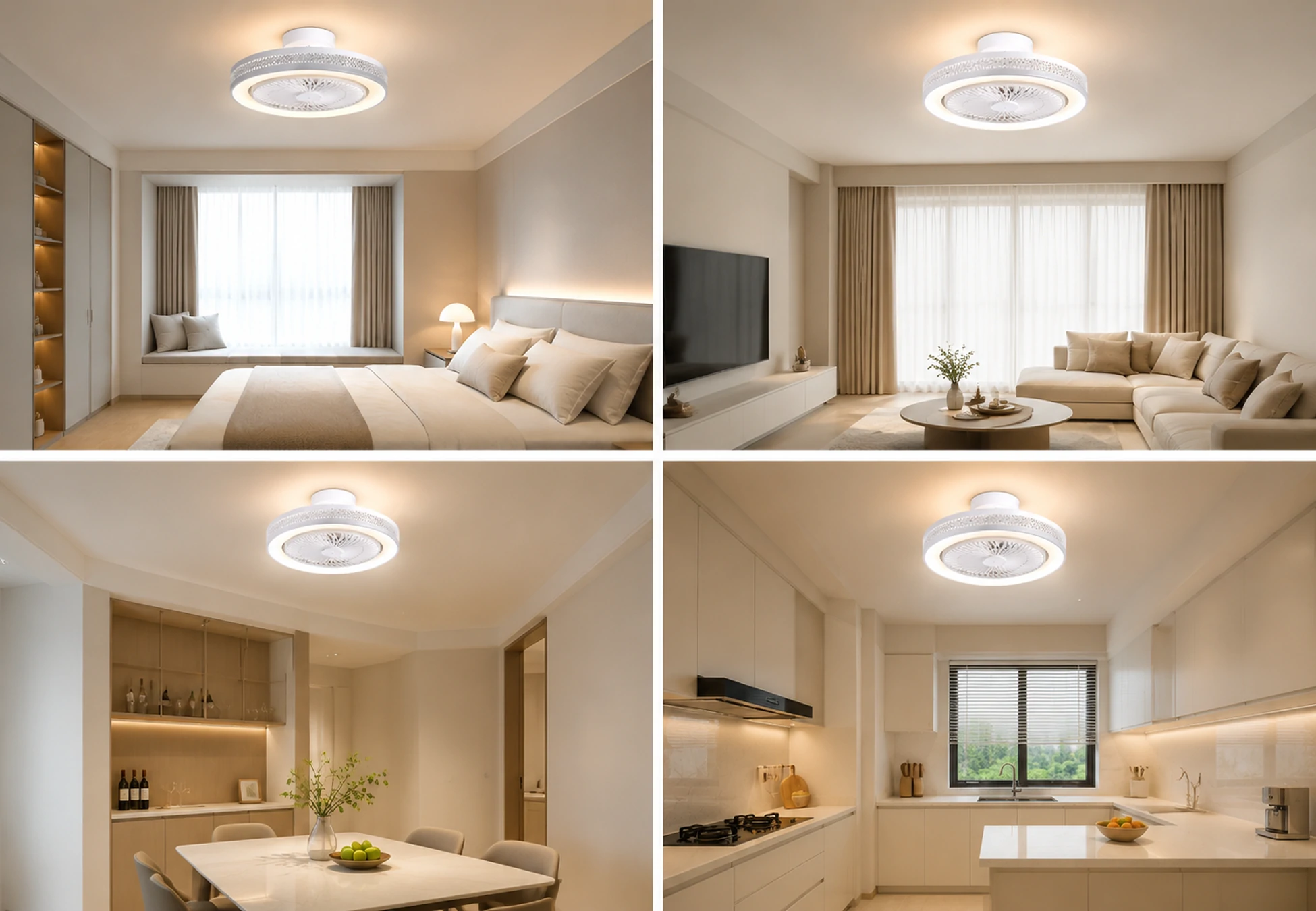 20 inch white ceiling fan flush mount design with light shown in multiple modern interiors including bedroom living room and kitchen spaces