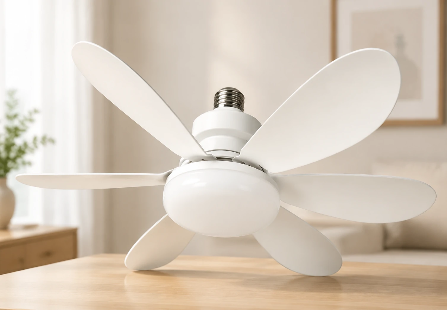 Close up view of white ceiling fan light with six ABS blades and LED diffuser
