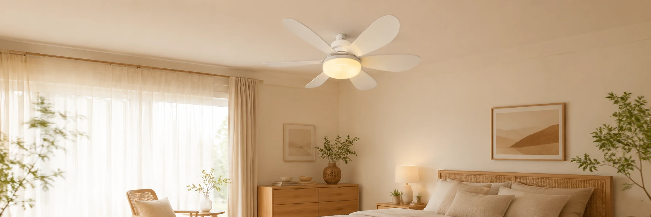 White ceiling fan with light installed in a modern warm bedroom interior