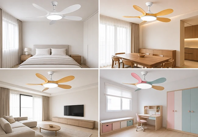 white small ceiling fan with LED light installed in minimalist kids bedroom interior showing quiet airflow and modern Scandinavian design for OEM residential projects