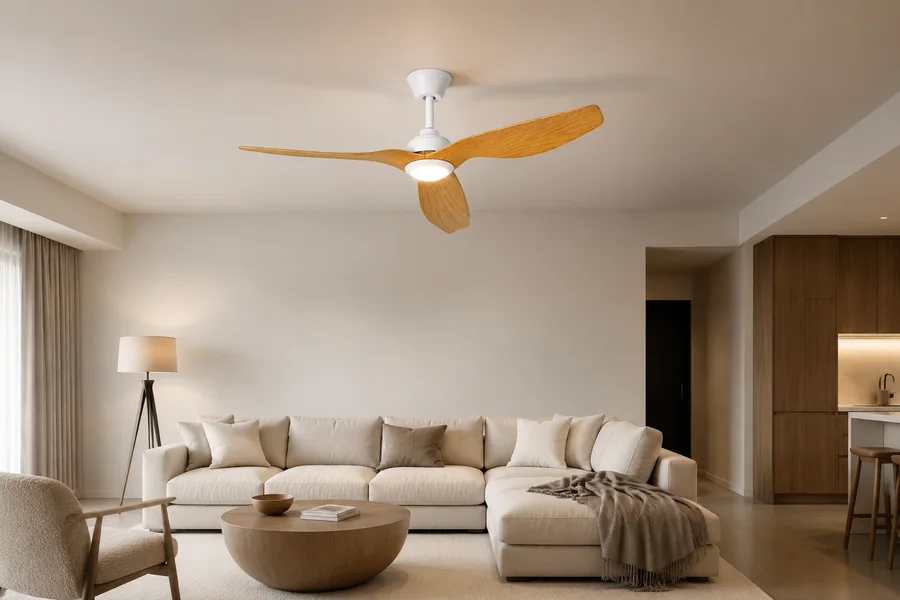 Ceiling fan mount type showing blade height and clearance in a living room