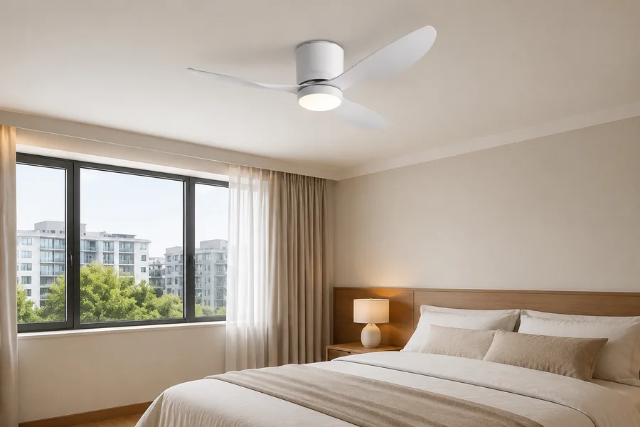 Flush mount ceiling fan with light installed close to the ceiling
