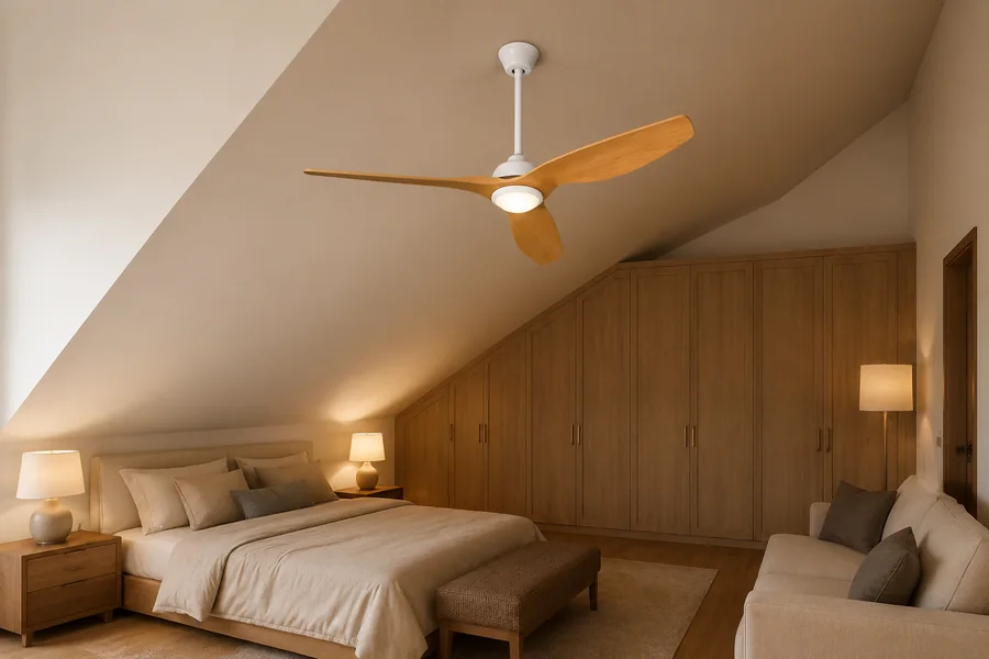 Sloped ceiling fan planning with angled ceiling and safe blade clearance