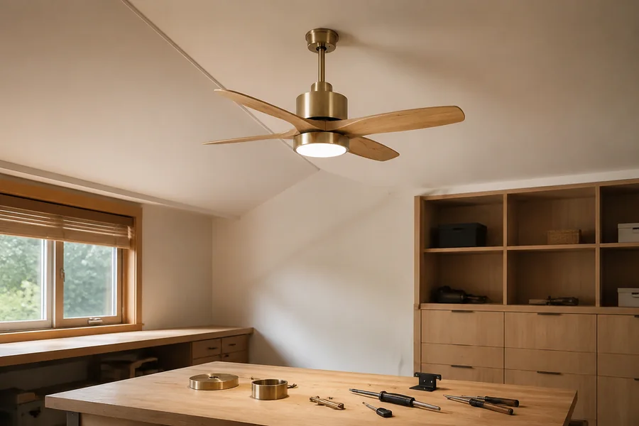 Wiring and support box planning for sloped ceiling fan installation