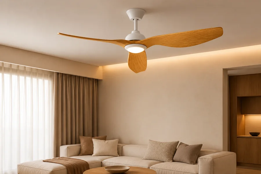 Wood ceiling fan blades in a warm interior