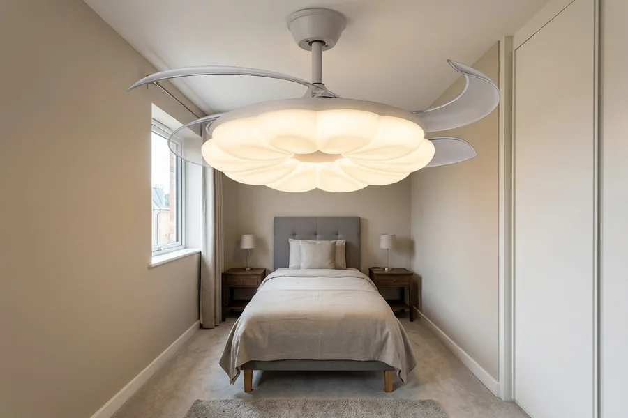 Oversized ceiling fan making a small room feel crowded and uncomfortable.