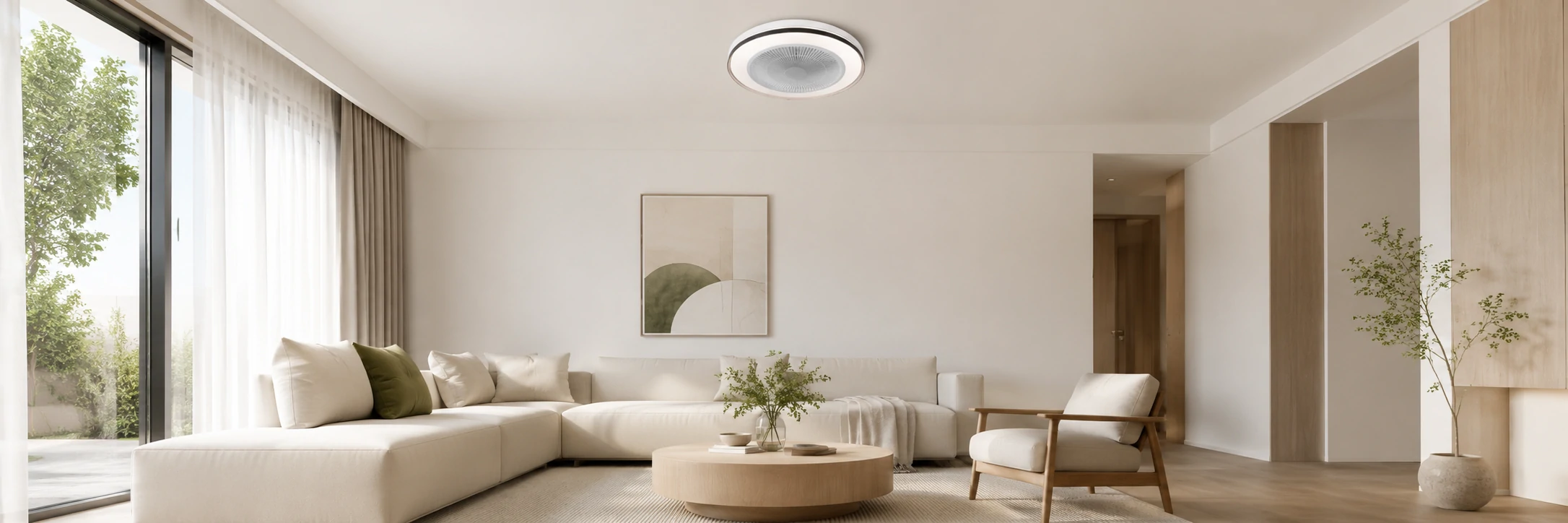 20 inch bathroom ceiling light with integrated DC fan in a modern bathroom-style interior
