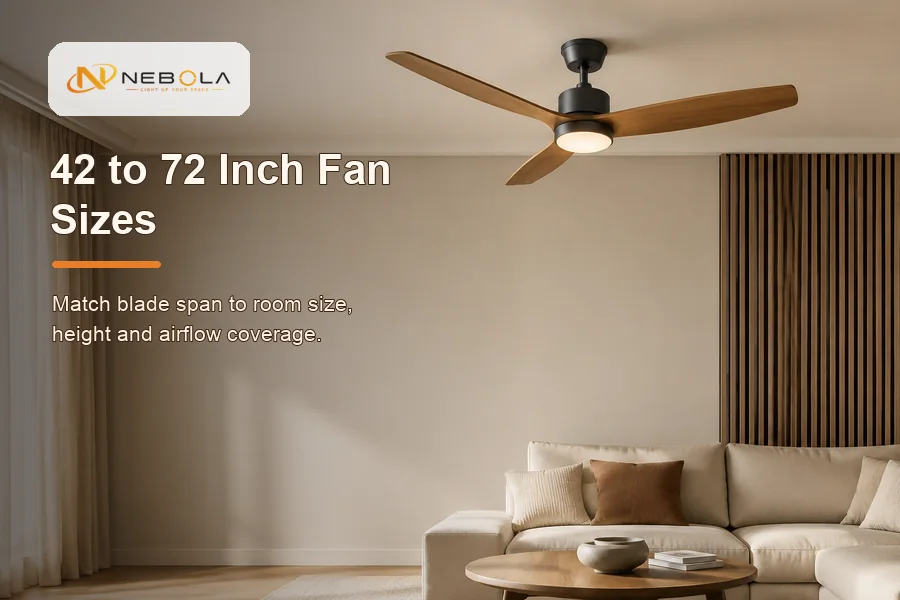 42 to 72 inch ceiling fan size guide hero banner with NEBOLA styling