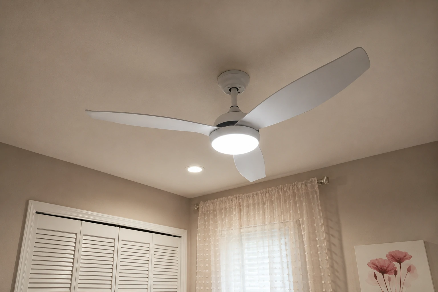 Modern white 3-blade ceiling fan with LED light for bedroom