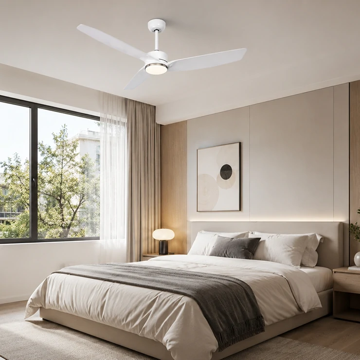 Modern ceiling fan light installed in a minimalist apartment bedroom