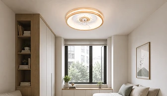 Low-profile ceiling fan light installation in a compact apartment room