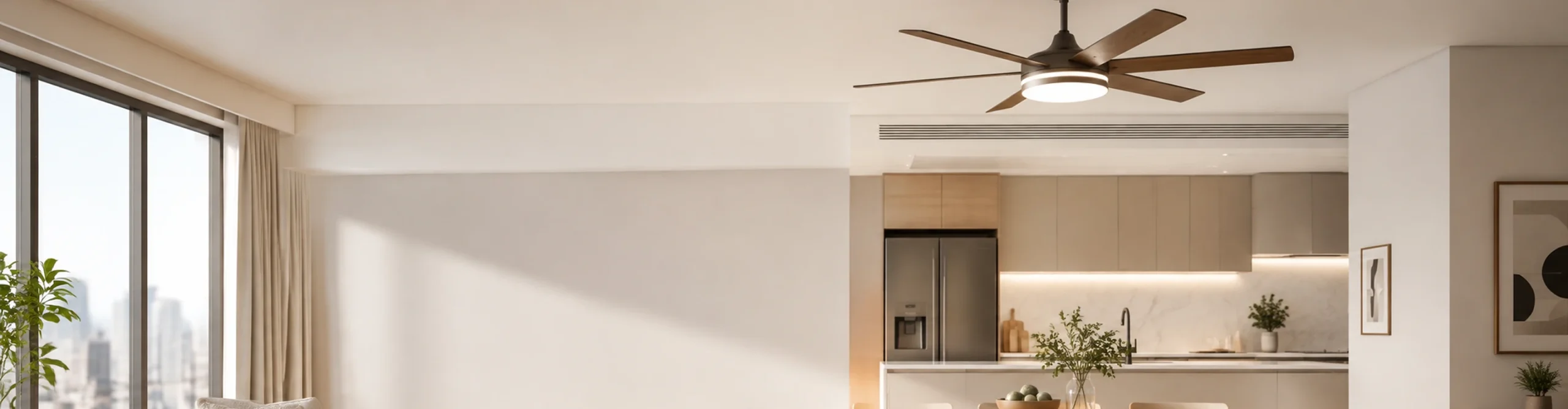 Modern ceiling fan light installed in an open apartment kitchen and dining area