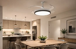 Ceiling fan light integrated into an open apartment kitchen and dining area
