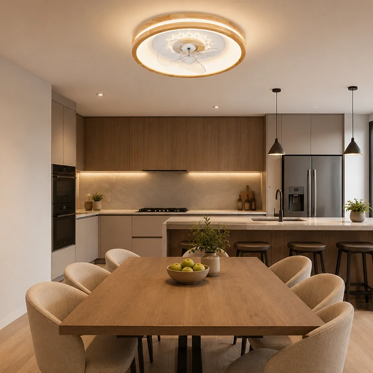 Integrated fan light above a modern apartment kitchen and dining area