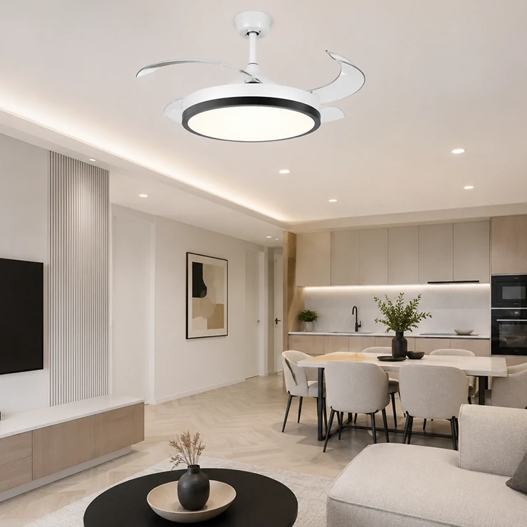 Updated ceiling fan light installed during a modern apartment renovation