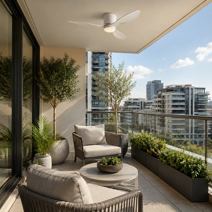 Modern apartment terrace equipped with a compact outdoor ceiling fan light