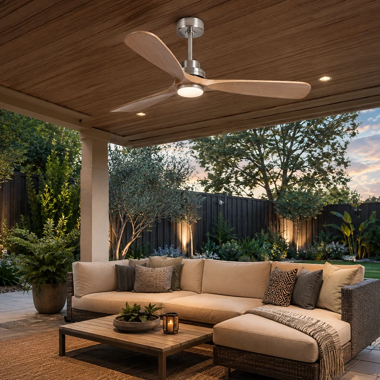 Ceiling fan light integrated into a contemporary backyard residential living space