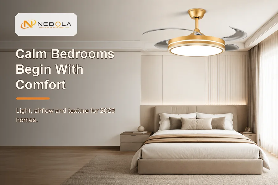 2026 bedroom design ideas banner with NEBOLA logo and comfortable bedroom airflow