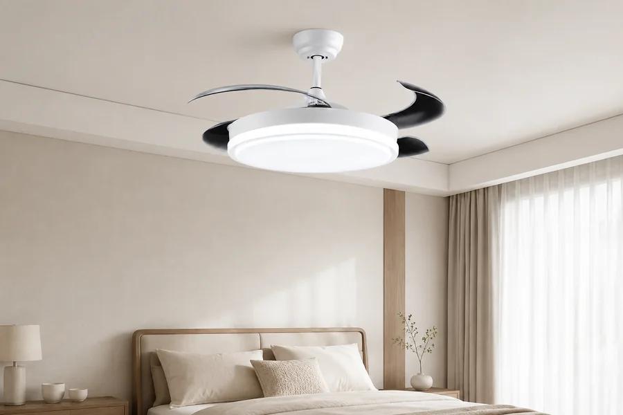 Modern bedroom colour palette with ceiling fan light