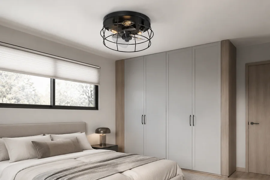 Bedroom storage ideas with caged fan light