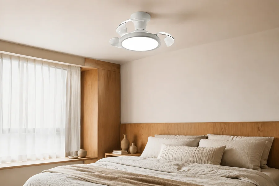 Bedroom materials and textures with low profile fan light