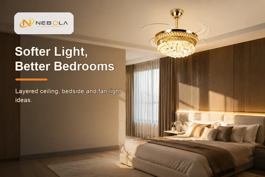 Bedroom lighting ideas banner with NEBOLA logo and modern fan light
