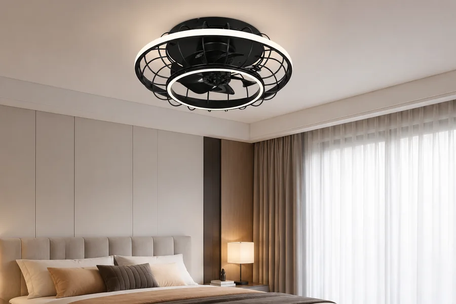 Modern bedroom lighting plan checklist with caged fan light