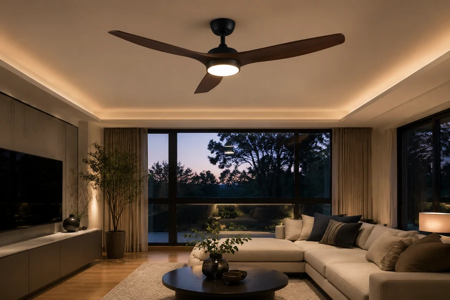 Ceiling fan dB level comfort scene in a quiet living room