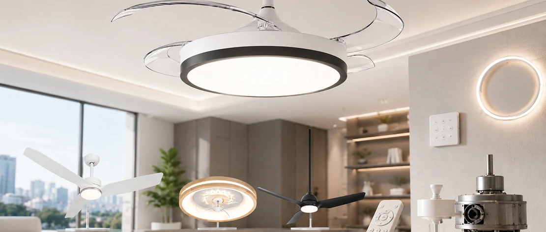 Modern ceiling fan light showing integrated fan, lighting, and control features